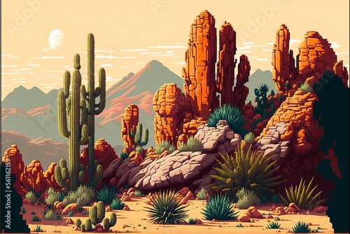 Desert landscape, cacti and mountains in the background, pixel art style. AI digital illustration