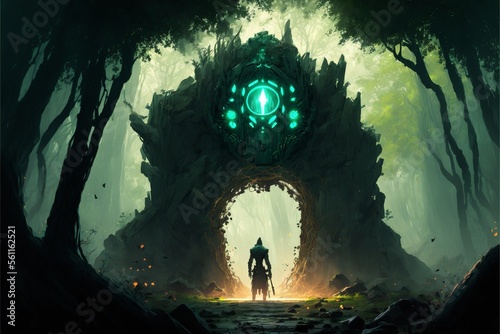 Mystical portal in the forest in the form of a golem s head  green mist. Generative AI
