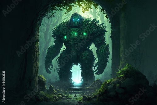 Giant stone golem in the middle in the forest, green fog. Generative AI photo