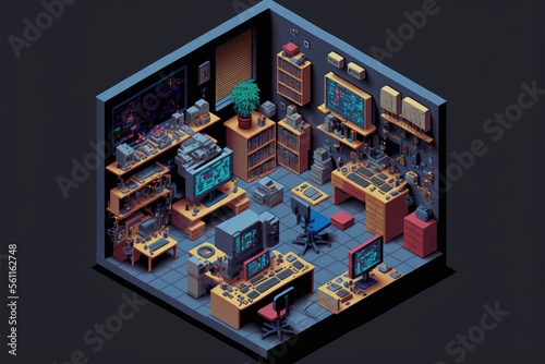 Gamer room with computers  isometric view inside. Generative AI