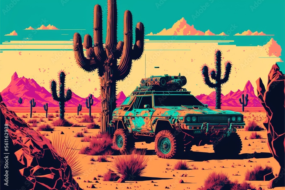 Rusty and deteriorated custom car in the desert, cacti and monyanha in ...