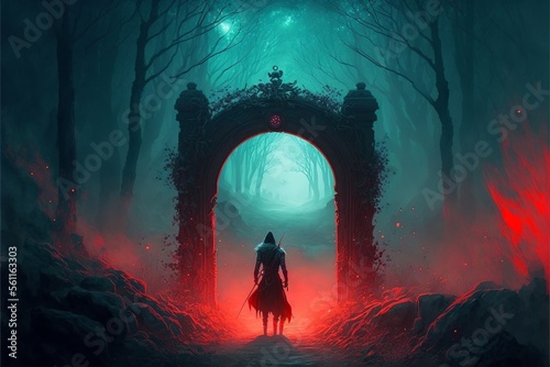 Guardian warrior in front of the mystical stone portal in the forest, red lights. AI