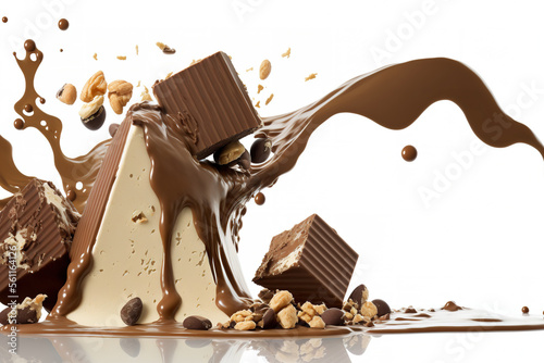 chocolate candy, nougat, and peanuts being poured against a white background. Generative AI photo