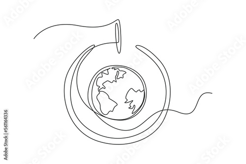 Single one line drawing earth in power switch button. Earth hour concept. Continuous line draw design graphic vector illustration.