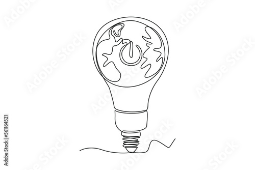 Single one line drawing light bulb with earth inside. Earth hour concept. Continuous line draw design graphic vector illustration.