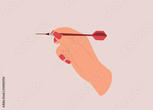 A Female’s Hand With Red Nail Polish Throwing A Dart. Close-Up. Flat Design Style, Character, Cartoon.
