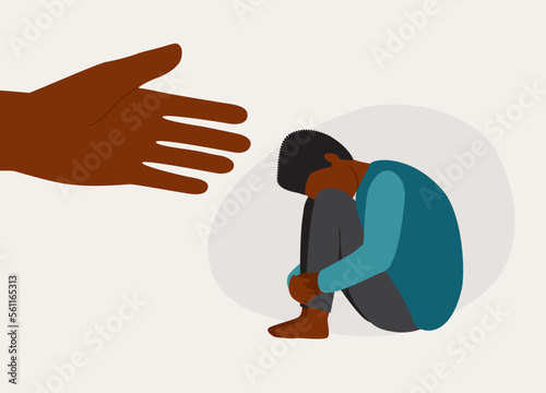 Depressed Black Boy With Hugging Knees And Head Down Receiving Help And Support. Full Length. Flat Design Style, Character, Cartoon.