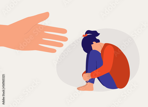 Depressed Girl With Hugging Knees And Head Down Receiving Help And Support. Full Length. Flat Design Style, Character, Cartoon.
