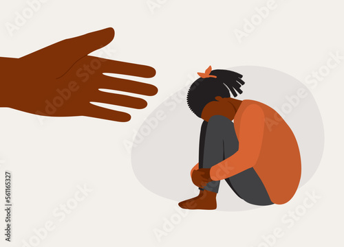 Depressed Black Girl With Hugging Knees And Head Down Receiving Help And Support. Full Length. Flat Design Style, Character, Cartoon.
