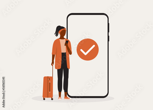 One Black Young Woman With Luggage Bag Checking With Her Mobile Phone For Traveling Approval. Full Length. Flat Design Style, Character, Cartoon.