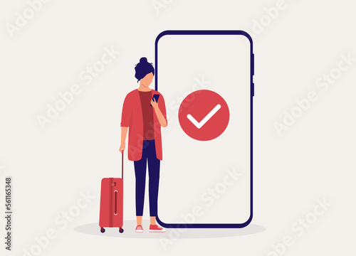 One Young Woman With Luggage Bag Checking With Her Mobile Phone For Traveling Approval. Full Length. Flat Design Style, Character, Cartoon.