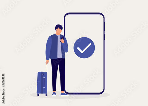 One Young Man With Luggage Bag Checking With His Mobile Phone For Traveling Approval. Full Length. Flat Design Style, Character, Cartoon.