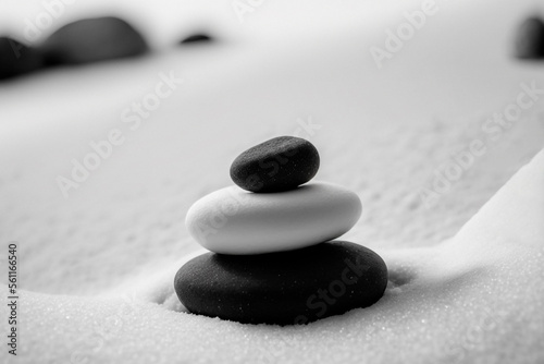 Balanced stack of stones in white sand. Zen meditation nature background. Generative AI