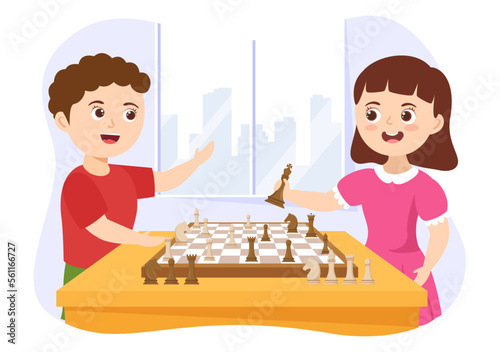 Chess Board Game Illustration with Kids Sitting Opposite and Playing for Web Banner or Landing Page in Flat Cartoon Hand Drawn Templates Illustration