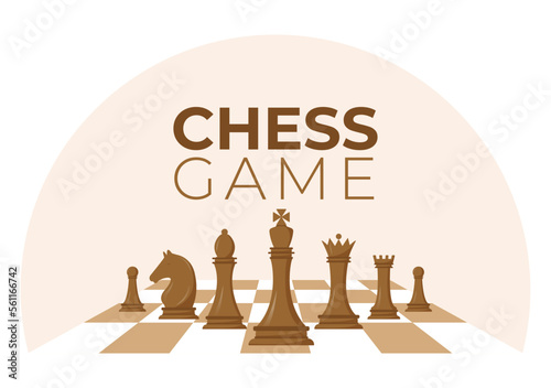 Chequered Chess Board Illustration with Black and White Pieces for Hobby or Tournament for Web Banner in Cartoon Hand Drawn Templates Illustration