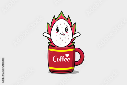 Dragon fruit cute character illustration in a coffee cup in flat modern design