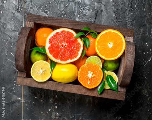 Fototapeta Naklejka Na Ścianę i Meble -  Juicy citrus in a wooden box.