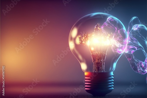 Futuristic AI Light bulb in the dark, future, solutions, neon colors, dark background created with generative ai technology
