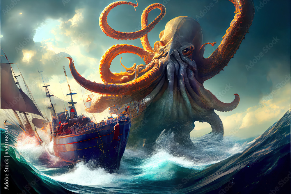 Battle between a giant octopus and a pirate ship. Ai Generated ...