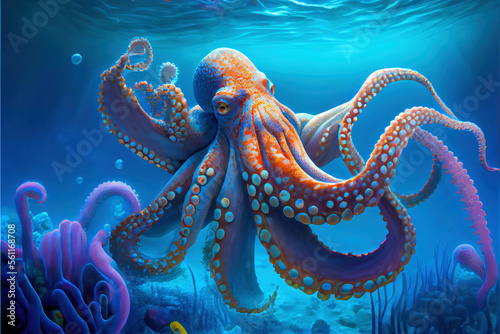Octopus on the ocean floor. Generative AI technology