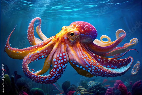 Octopus on the ocean floor. Generative AI technology