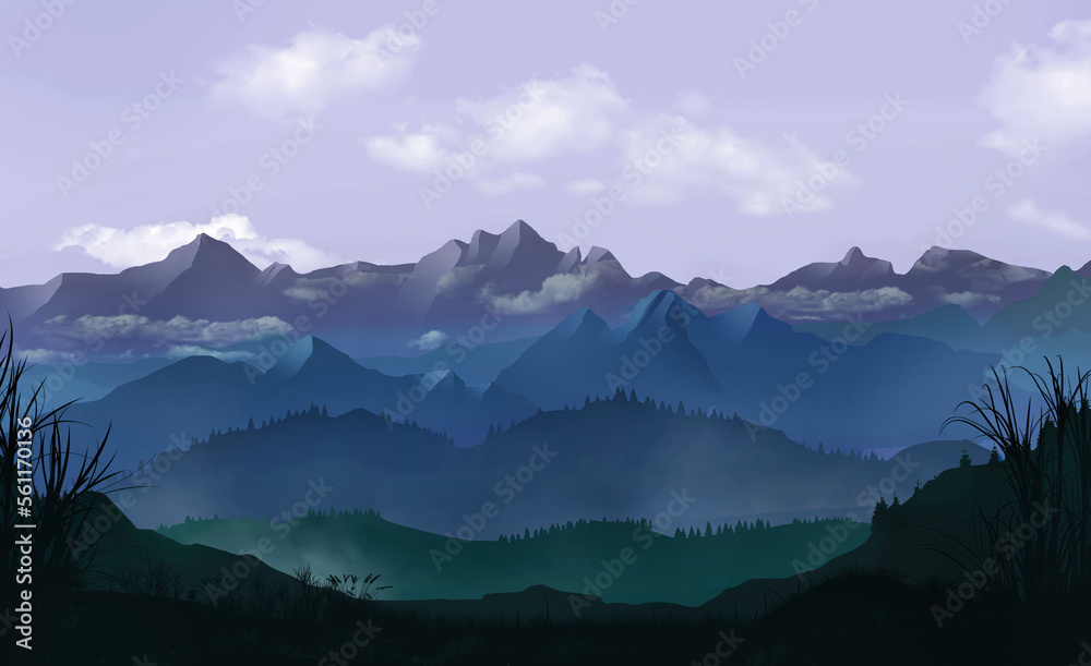 This is a 3-d illustration of a mountain scene showing layers of depth on a clear day.