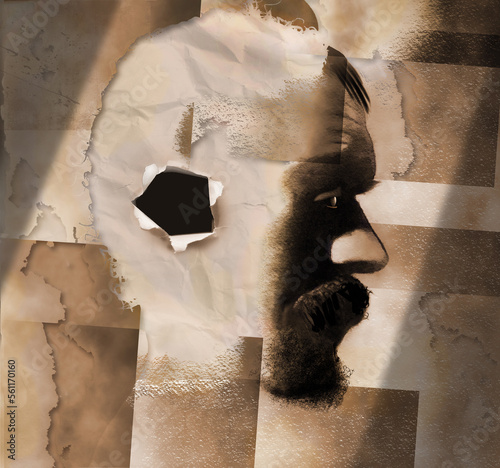 A 3-d illustration shows a man with a hold where his ear should be in this grunge filled, sepia toned image about hearing loss due to injury. photo