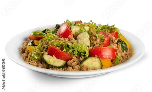Collage of different salads isolated on white