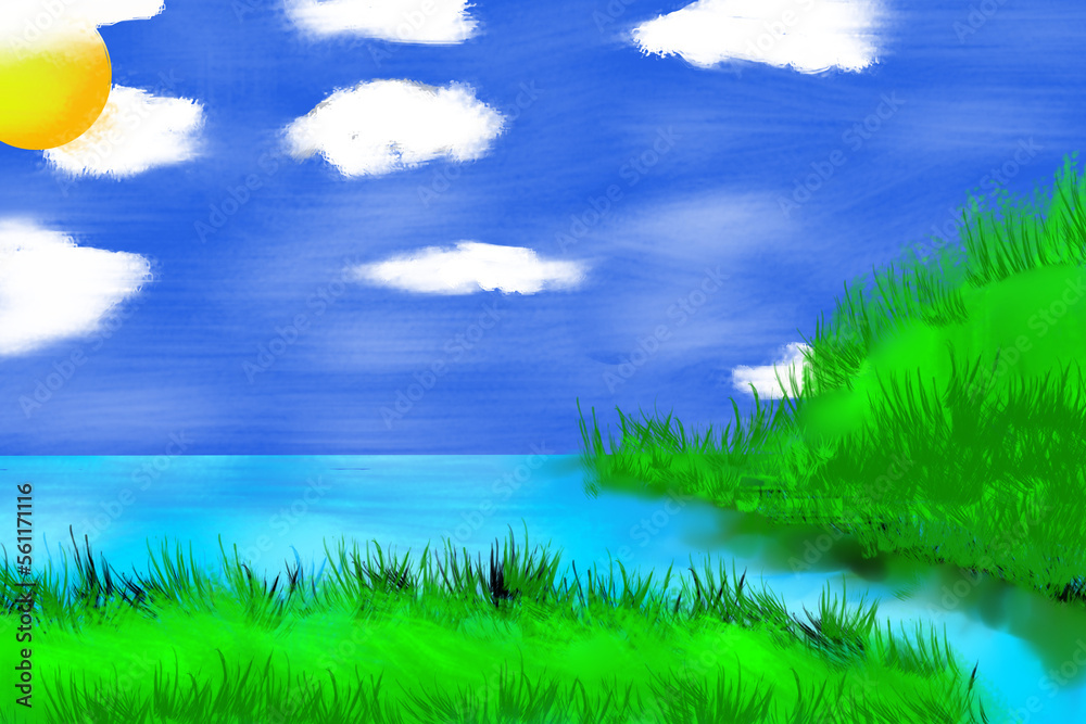 landscape painting of a lake on a sunny day with green grass