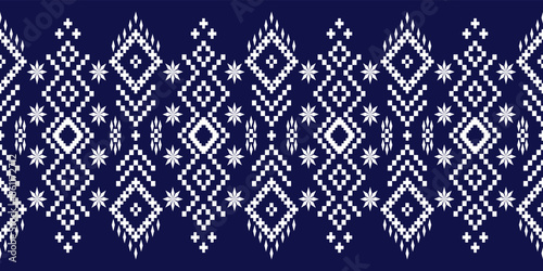 Indigo navy blue geometric traditional ethnic pattern Ikat seamless pattern border abstract design for fabric print cloth dress carpet curtains and sarong Aztec African Indian Indonesian 