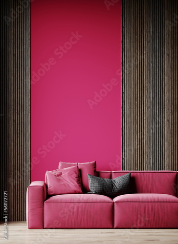 Luxury livingroom in bright color. Pink walls, lounge furniture - viva magenta 2023 color sofa and pillows. Empty space for art or picture. Rich interior design. Mockup lounge or reception. 3d render