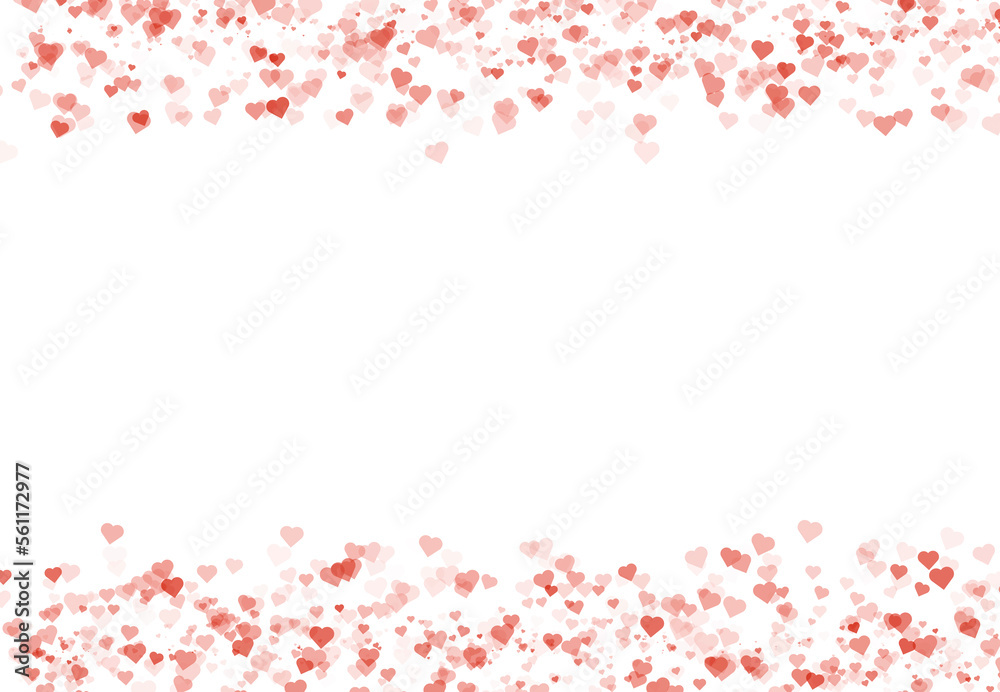 Confetti-like red hearts scattered unevenly at the top and bottom against a white background, cute romantic backdrop or love inspired decor for Valentine's day, anniversary or engagement celebration