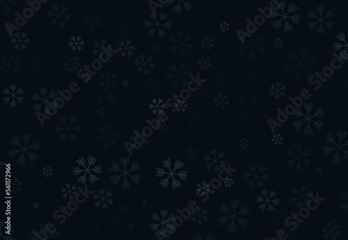 Dark background with barely visible snowflakes of different sizes scattered unevenly suggesting snowing at nighttime, frozen, cold environment common to the winter season in middle and high latitudes