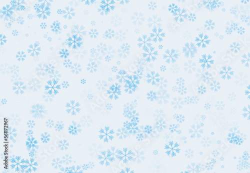 Cold winter themed background with different sizes snowflakes scattered around in an uneven manner, frozen atmosphere and cool weather concept, beautiful wintertime or Christmas backdrop inspiration