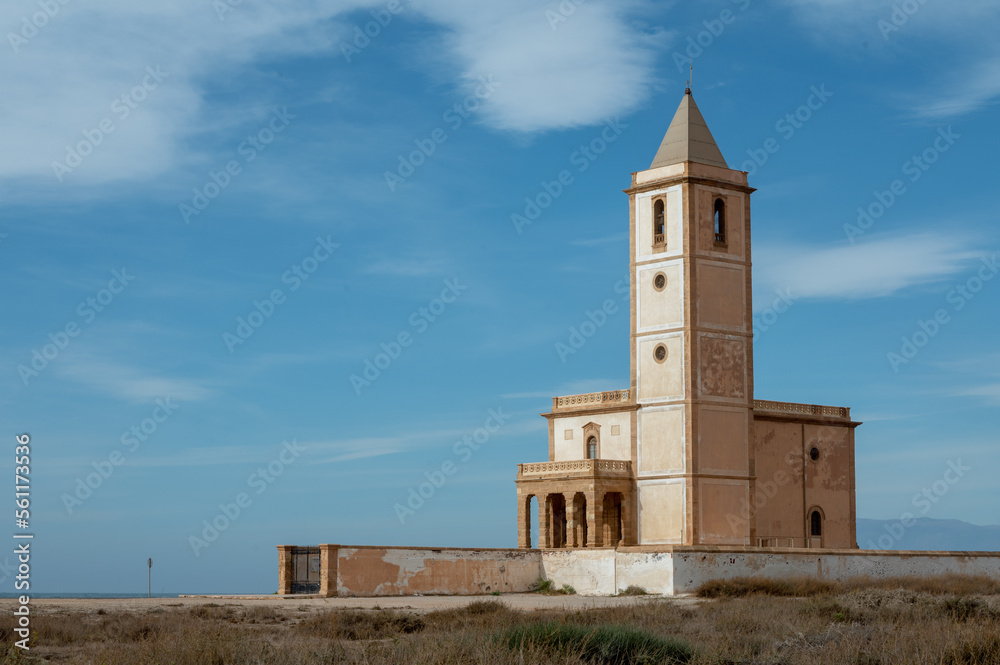 Obraz premium Church of La Almadraba de Monteleva or Church of Las Salinas in Cabo de Gata Park in Almeria, Spain.