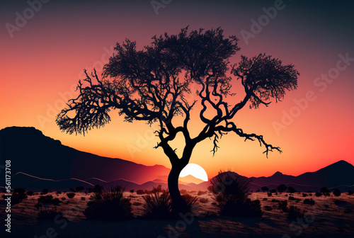 Tree with sunny beams at mountain valley. Dramatic colorful evening scene. Generative Ai.