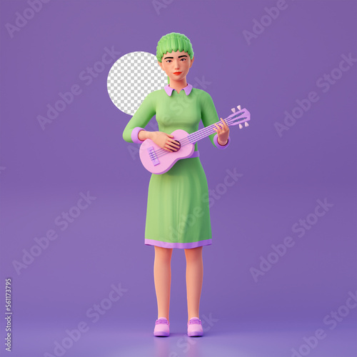 cute girl playing guitar, ukulele, 3d character illustration