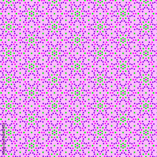 Abstract geometric green and violet purple polka dots isolated on a light lilac background