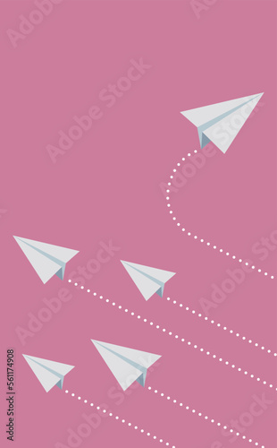 同じ方向に飛んでいる紙飛行機の群れから飛び出した個性豊かな紙飛行機のベクターイラスト