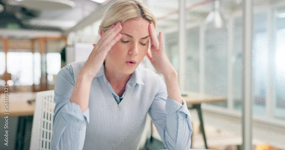 Mental health, stress and business woman with headache problem, work burnout and depressed over job mistake. Medical healthcare crisis, office depression and corporate employee sad over career fail Mental health, stress and business woman with headache problem, work burnout and depressed over job mistake. Medical healthcare crisis, office depression and corporate employee sad over career fail
