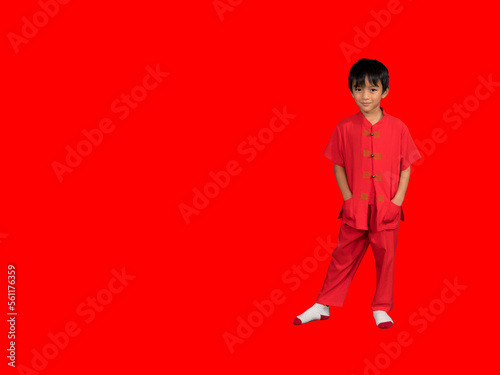 little boy fashion Smiling child in red chinese dress, style and fashion ideas for children. © kowitstockphoto