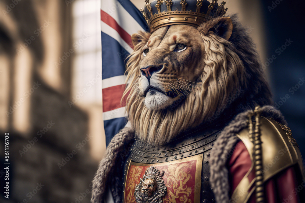 Lion Wearing England National Dress With UK Flag Generative AI Stock 