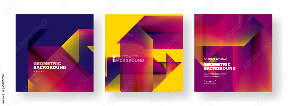 Obraz premium Vector set of abstract geometric poster backgrounds, colorful shapes with fluid colors. Collection of covers, templates, flyers, placards, brochures, banners