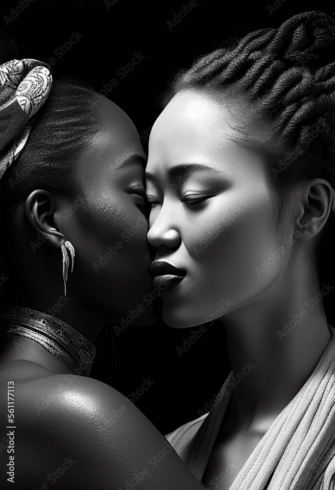 Lesbian Couple Kissing Biracial Couple Black Woman And Japanese Woman 