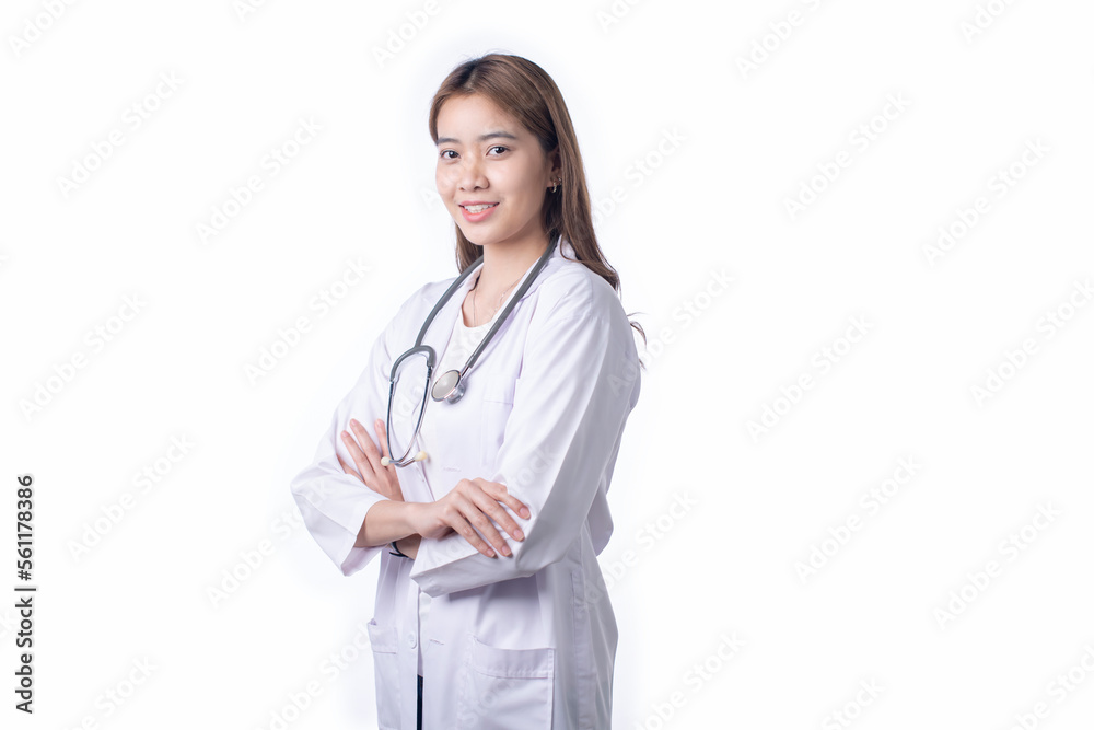 Portrait of Asian woman doctor wearing uniform stand isolated on white background. Female medical nurse or practitioner with stethoscope look at camera. Healthcare concept Portrait of Asian woman doctor wearing uniform stand isolated on white background. Female medical nurse or practitioner with stethoscope look at camera. Healthcare concept