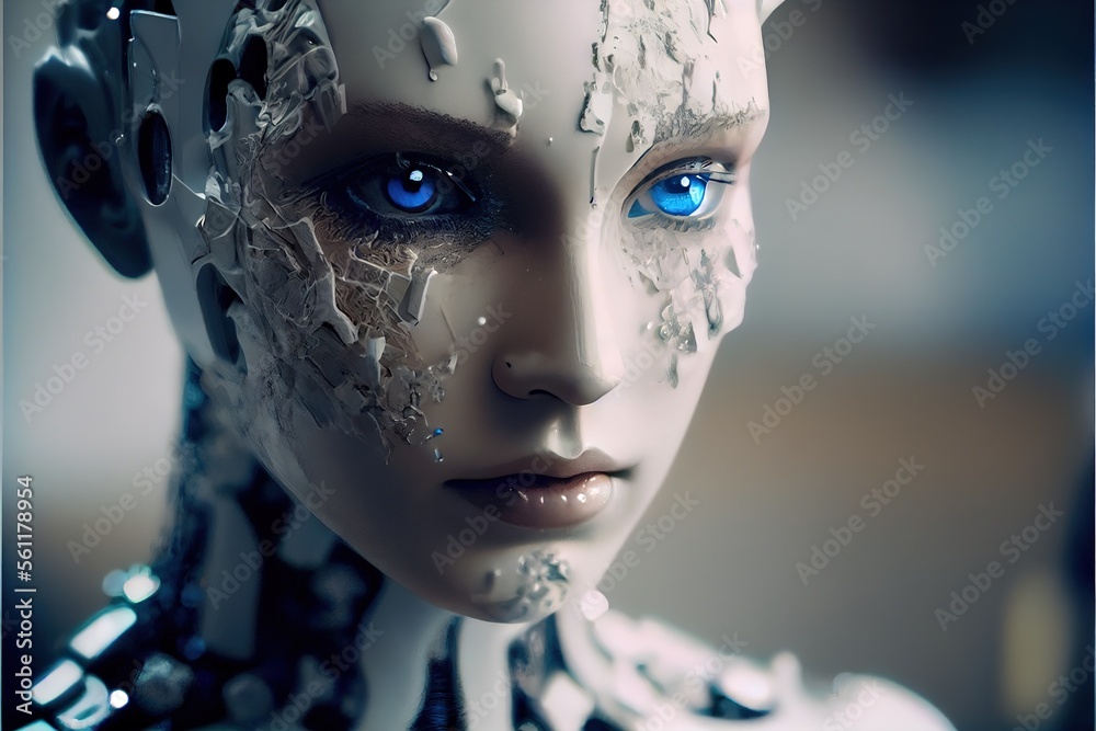 Futuristic AI Android in cinematic lighting, photoreal, realism, porcelan skin created with generative ai technology - obrazy, fototapety, plakaty 
