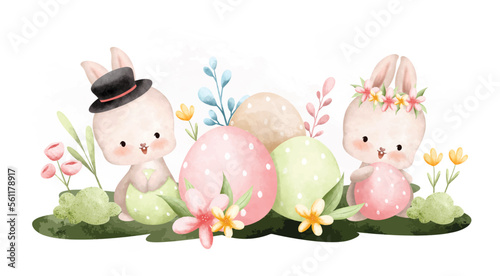 Watercolor Illustration Easter rabbit and Easter egg in the garden