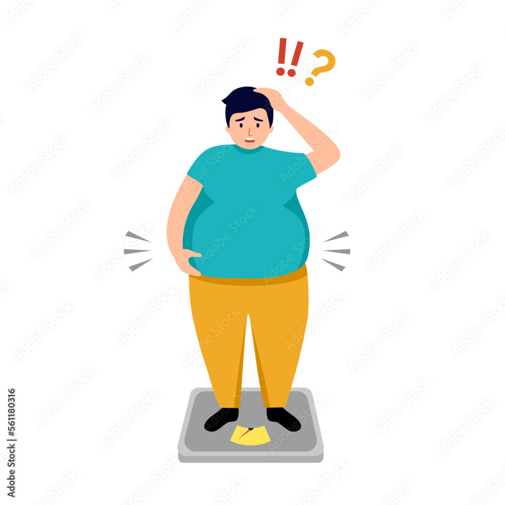 Overweight man standing on body scale in flat design on white background. Weight gain anxiety. Overweight man standing on body scale in flat design on white background. Weight gain anxiety.