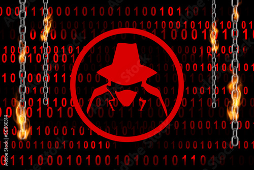 Hacker symbol with digital binary code, chain of fire. Threat actor, APT, advanced persistent threat, ransomware, malware, ddos, cyber incident cybersecurity vulnerability malicious attack concept