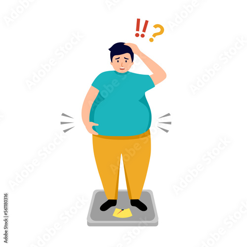 Overweight man standing on body scale in flat design on white background. Weight gain anxiety.